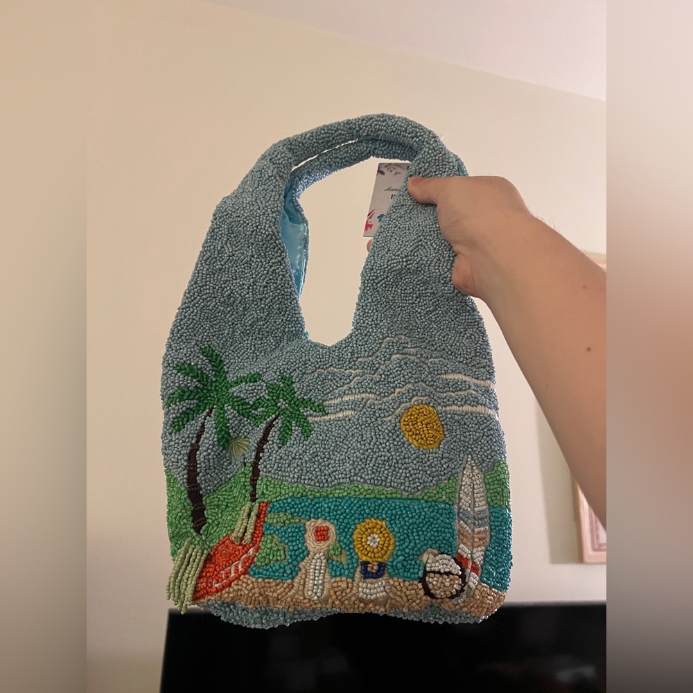 TikTok Viral Made In India Beaded Bag Beach Scene Purse Palm Tree Surf Board NWT - Picture 2 of 3